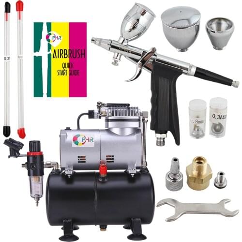 OPHIR 110V 220V Air Tank Compressor w/ Dual Action Spray Gun 0.3 0.5 0.8mm Airbrush Set for Hobby Nail Art Body Paint _AC090+069