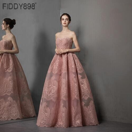 Elegant Evening Dress 2020 Strapless Lace Formal Evening Gown Long Sheer Skirt Tulle Party Gown Floor Length Robe de Soiree NE69