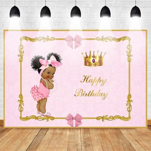 MOCSICK Happy Birthday Photo Backdrop for Princess Pink Style Royal Gold Crown Bow Customized Photographic Background for Studio