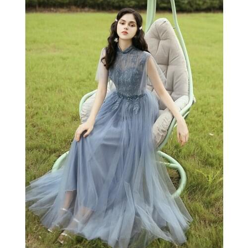 H108 2021 Robe Dusty Blue Long Bridesmaid Dresses Tulle Applique Lace Floor Length Gown Wedding Graduation Vestidos Sweet Memory