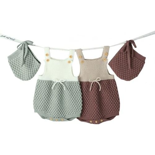 Korean Style Spring Autumn Infant Baby Girls Knitting Jumpsuit Overall Baby Boys Girl Sleeveless Knitting Bodysuits+Hat