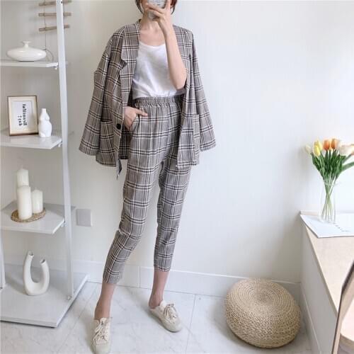Vintage Two-pieces Women Suit Casual Plaid Female Blazer Suits Chic 2020 Spring Office Ladies Loose Blazer Coats and Pant Sets