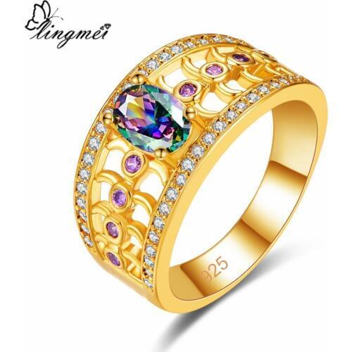 Lingmei Wedding Band Fashion Oval Cut Multi & White & Purple & Blue Zircon Silver Color & Goldplated Ring Size 6-9