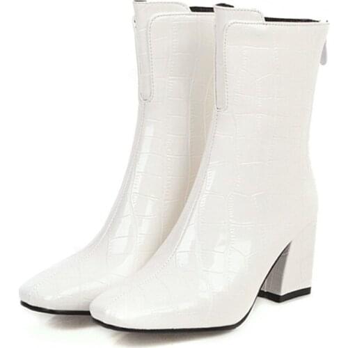 Fashion Ankle Boots For Women Sexy Snake Skin Motorcycle boots Women Block High Heels Short Winter Boots White Red Party Shoes