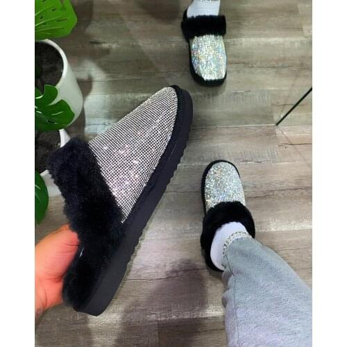 Fashion sexy candy color Baotou Rome rhinestone plush cotton slippers Autumn and winter new style large size flat Women Slippers