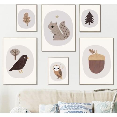 Cartoon Squirrel Pine Nuts Owl Bird Nordic Posters And Prints Animals Art Canvas Painting Wall Pictures Kids Room Bedroom Decor