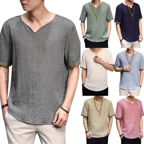 2021 New Summer Mens T shirts Male Retro Men Plus Size Linen Rhombus Patchwork Short Sleeve V Neck T-Shirt Casual Top M-5XL