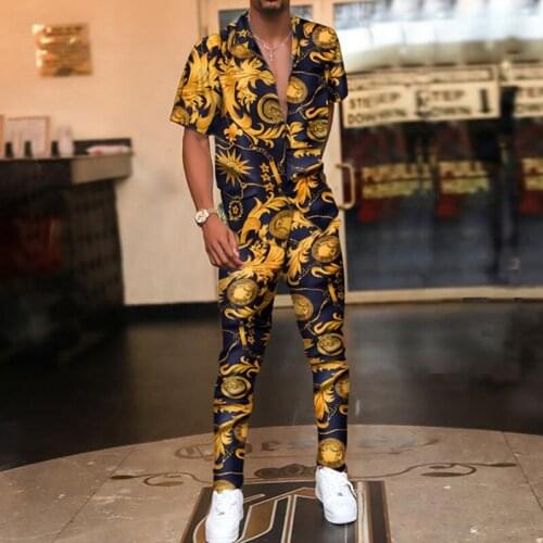 Retro Chain Print Men Two Piece Set Summer Casual Short Sleeve T Shirt and Long Pants Suit Men Spring Hipster Streetwear Outfits