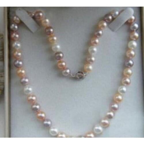 18" 8-9MM Akoya Natural White Pink Purple Pearl Necklace