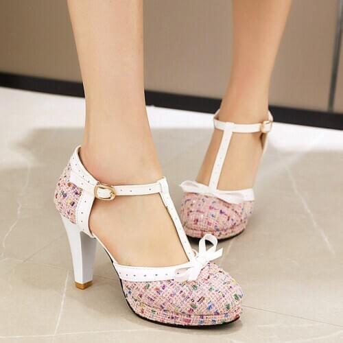 Lolita Shoes Pink T Strap Pumps High Heels Platform Women Shoes Block Heel Sweet Ladies Shoes White Black Plus Size 44 45 46 47