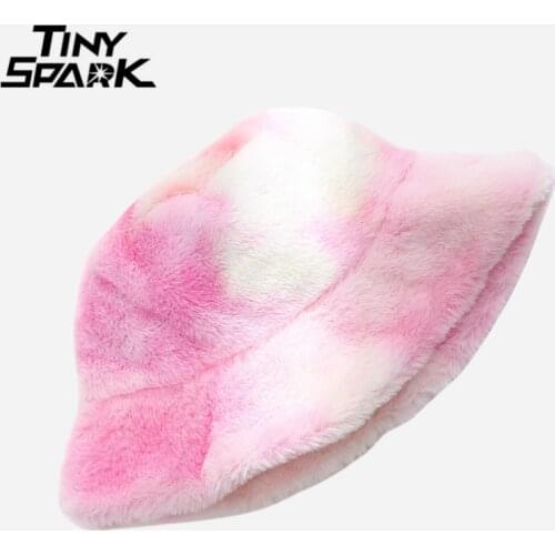 Hip Hop Streetwear Bucket Hats 2021 Women Tie Dye Furry Hat Harajuku Cotton Plush Warm Fashion Fisherman Hat Multiple Colors