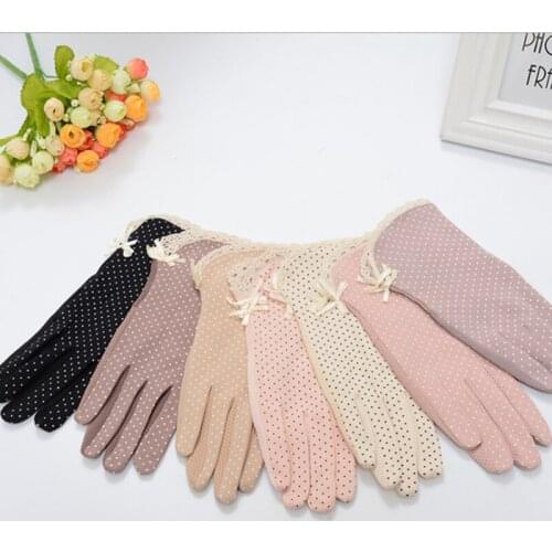 Sun protection gloves cotton summer gloves for women Dot bow womens thin female drive gloves suncreen Slip-resistant