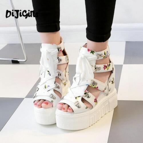 Women Sandals High Heel Casual Ethnic Flower Floral Open Toe wedges Platform Height Increasing Chunky Ladies Shoes Drop Shipping