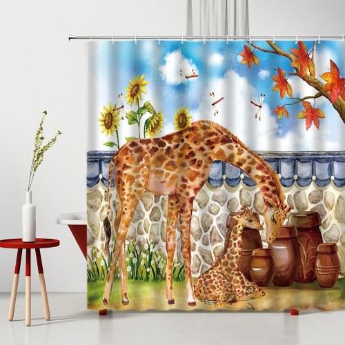 Animal Shower Curtains Giraffe Autumn Sunflower Maple Leaf Flower Dragonfly Stone Wall Bathroom Decor Set Cartoon Bath Curtain
