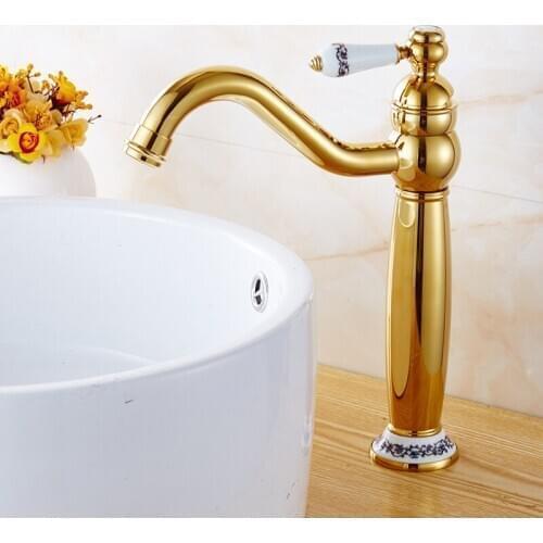 Basin Mixer Faucets Gold Brass Bathroom Sink Faucet Single Handle Rotation Spout Vintage Wash Hot and Cold Mixer Tap Crane