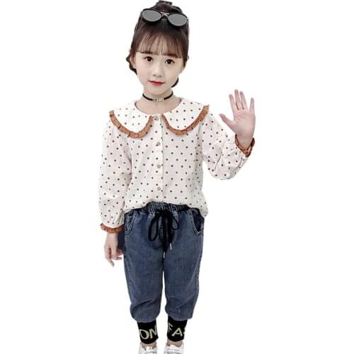 Teen Girls Clothing Dot Blouse + Jeans Tracksuits For Girls Spring Autumn Kids Girls Clothes Casual Style Childrens Clothes Gir