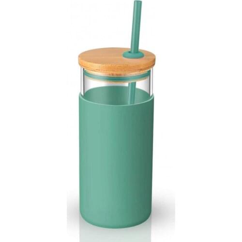 20oz Single-Wall Tumbler Protective Sleeve Wood Lid Glass Cup Bottle with Straw