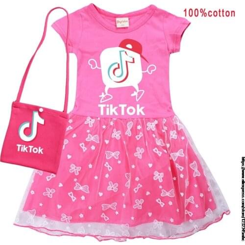 Tik Tok Girls Dress Kids Short Sleeve Dress +Bag with Lace Children Summer Cotton Clothes Toddlers Casual Clothing