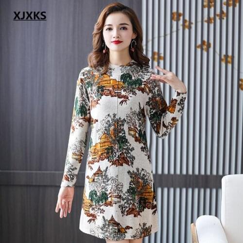 XJXKS High-end 100% wool knitted long sweater women pullover autumn and winter 2021 new women printed sweater