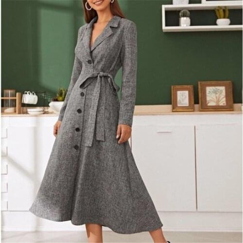 Women Suits Dress 2020 Autumn Fashion Professional Slim Suit Collar Single Breasted Commuter Bow Tie Up Waist Long Dress Lady