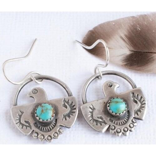 2021 Wholesale Bird Eagle Drop Earrings Vintage Jewelry Carved Metal Turquoises Stone Statement Dangle Earrings for Women