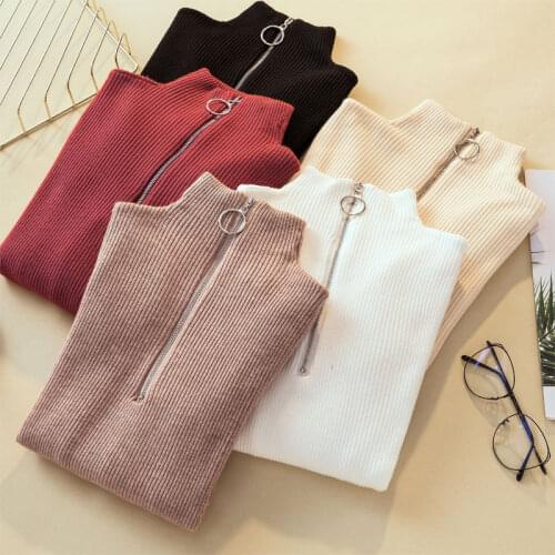2019 Slim-fit Circle Zipper Turtleneck Sweater Tight-fitting High-elastic Chest-knit Bottoming Sweater Women
