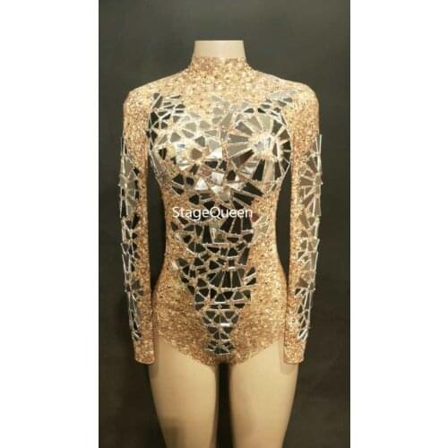Women Sexy Gold Net Yarn Bodysuit Full Silver Bling Sparkling Mirrors Jumpsuit Nightclub Party Stage Wear Singer Dance Bodysuit