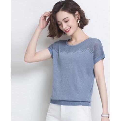 2021 Lce Silk Knitted Pullover Women Tops Short Sleeve Sweater Hollow Out Pink Tee Shirt Thin Summer Korea Female Knit Femme