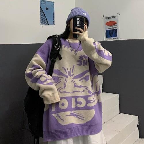 Spring Korean Harajuku Style Cartoon Anime Loose Pullover Women Retro Jacquard Knitted Sweater Autumn New WomenS Clothing 2021