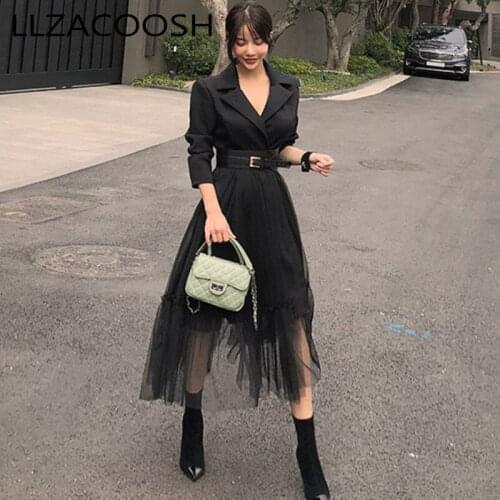 2020 Spring High quality Sexy Patchwork Dress Women Notched Neck Mesh Waist Dresses Long Swing Vestido with Belt