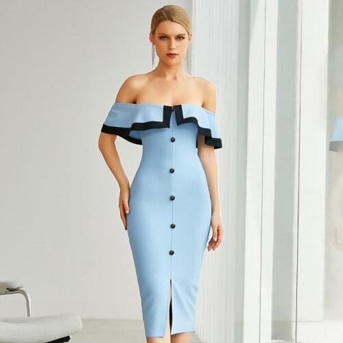 2020 Women Elegant Sky Blue Sexy Fashion Strapless Buttons Bodycon Bandage Dress Celebrity Evening Runway Party Midi Dress