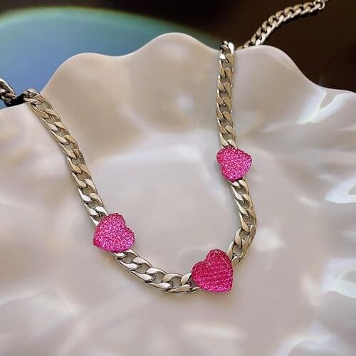 AENSOA 2021 Retro Hot Pink Love Heart Crystal Choker Clavicle Necklace for Women Girl Adjustable Rhinestone Cuban Chain Necklace