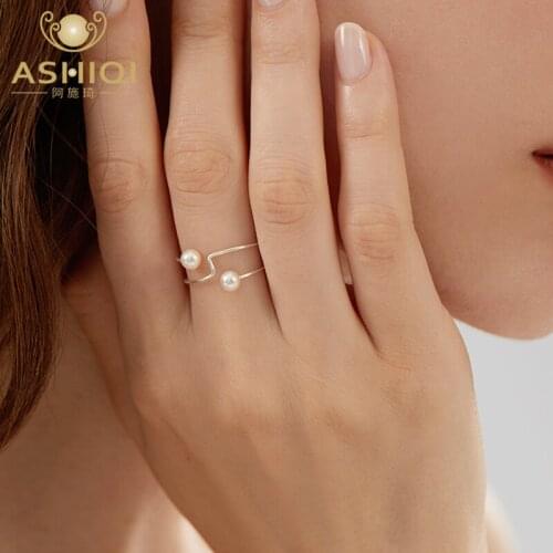 ASHIQI Real 925 Sterling Silver Ring Party Daily Natural Freshwater Double Pearl Jewelry for Girl Gift