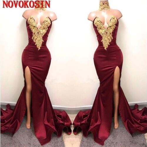 New Design Sexy Burgundy Prom Dresses with Gold Lace Appliqued Rings Mermaid Front Split for 2019 Long Party Evening Wear Gown