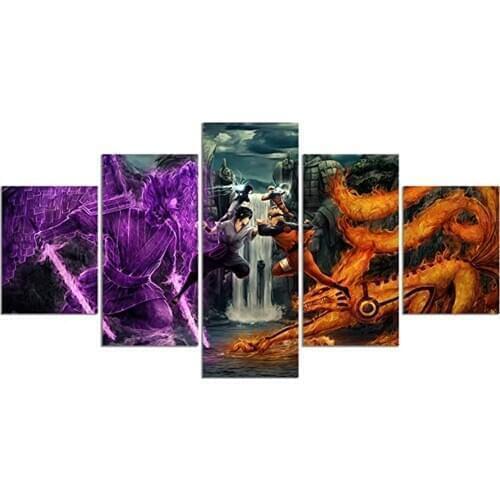Framed 5 Pieces Anime Poster Painting VS Sasuke Final Valley Battle Wall Art Prints on Canvas for Bedroom Decor Boys Gift
