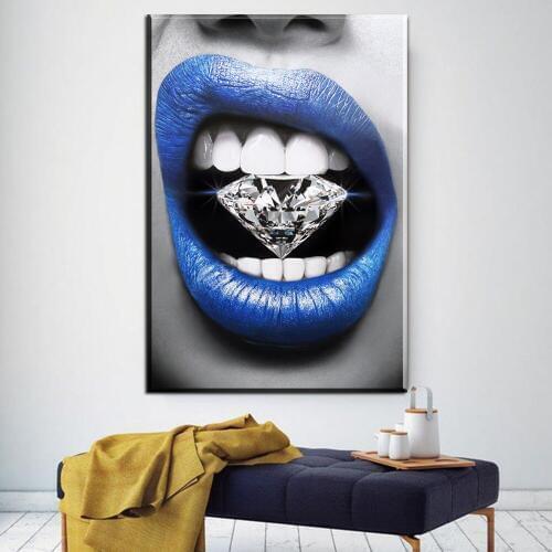 Abstract Modern Canvas Painting Black and White Background Blue Lips Salon Posters Wall Art Pictures for Living Room Home Decor