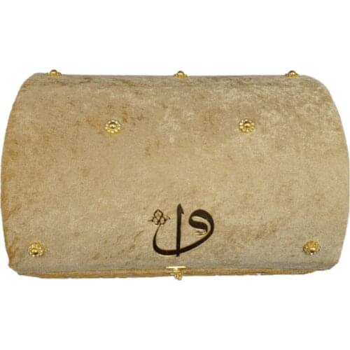 Velvet Lined Footed Treasure Boxed Pleksili Beige Medium Size Holy Quran