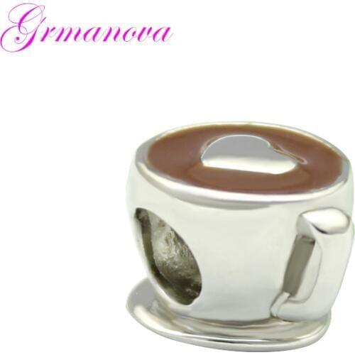 Brown / heart-shaped coffee cup enamel charm beads DIY handmade jewelry accessories amulet Fit Pandora Bracelet Necklace