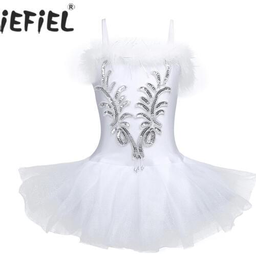 Kids Girls Little Swan Ballerina Sequined Beads Ballet Dance Gymnastics Leotard Tutu Dress with Fingerless Gloves Hair Clip