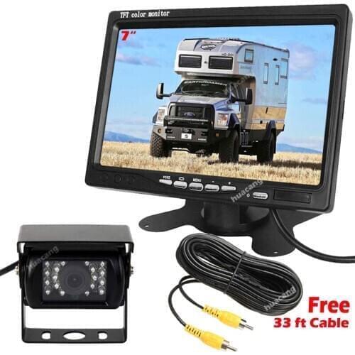 RVs Pickup Truck Trailer Vans 18 LEDs Rearview Waterproof IR Night Vision Camera + 12V-24V 7" Monitor Vehicle Reversing System