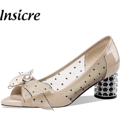 Insicre 2021 New Arrival Summer High Heel Shoes Pointed Toe Butterfly Knot Patent Leather Women Pumps Crystal Peep Toe Kahki