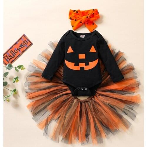 Baby Girls Halloween Clothes Pumpkin Print Long Sleeve O-neck Romper+ Tulle Skirt+Bow-knot Headband 3 Piece Set for 0-18 Months