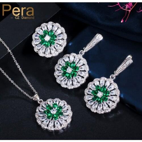 Pera Elegant 3Pcs Green Cubic Zirconia Big Blooming Flower Necklace Earrings Ring Set Ladies Designer Jewelry Accessories J081