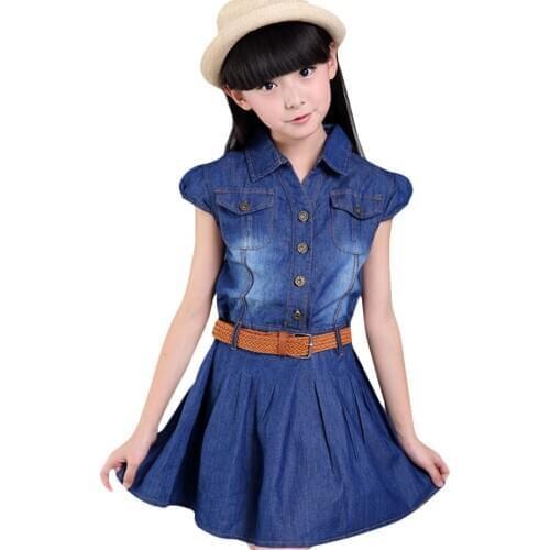 Summer Dresses For Girls Casual Girls Dress With Belt Solid Short Sleeve Denim Dress GirlsTeenage Kids Clothes 8 10 12 14 Year
