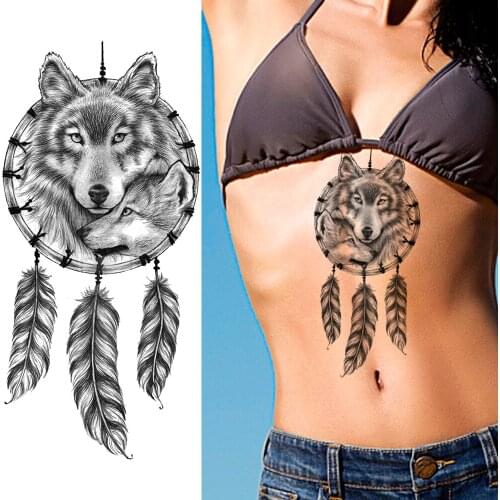 Dreamcatcher Temporary Tattoos Sticker Fake Waterproof Black Wolf Feather Tattoos For Women Men Body Art Arm Tatoos For Holiday