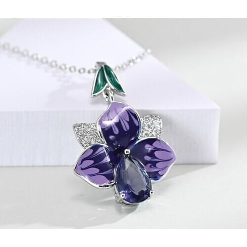 Fashion Big Lotus Flower Silver Charm Pendant Necklace Exaggerated Handmade Purple Enamel Crystal Necklace Charm Gifts