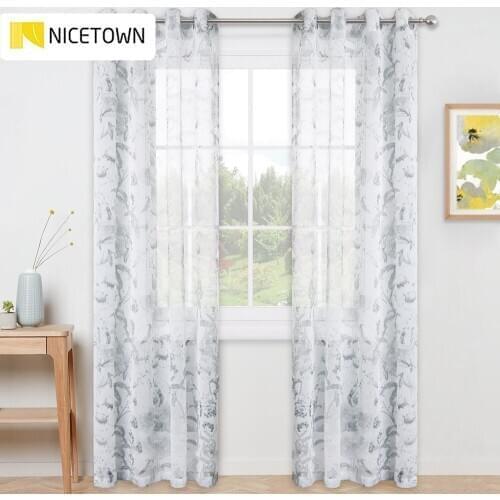 NICETOWN 1PC Kitchen Sheer Curtains Voile Drapes with Floral Printing Linen Look Vintage Flower Elegant Window Drapes Grommet