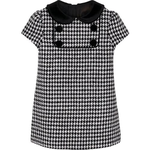 Baby girl vintage Houndstooth velvet princess dress kids peter pan collar stitching cute birthday party dress