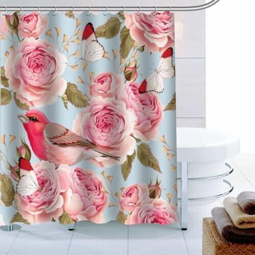 Custom Simple Fresh Roses And Birds Shower Curtain Waterproof Fabric Bath Curtain 180X180cm Polyester Fabric Bathroom Curtain