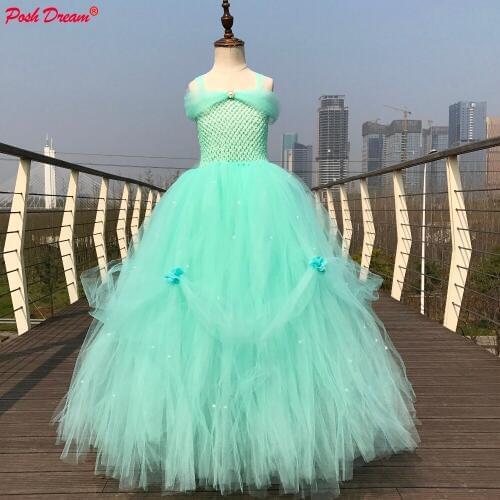 POSH DREAM Mint Green Princess Tulle Tutu Dress 1-14 Year Children Wedding Party Dresses with Flower Belt Kids Girls Clothes